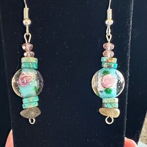 Hand Crafted Turquoise and Pink Floral Earrings
